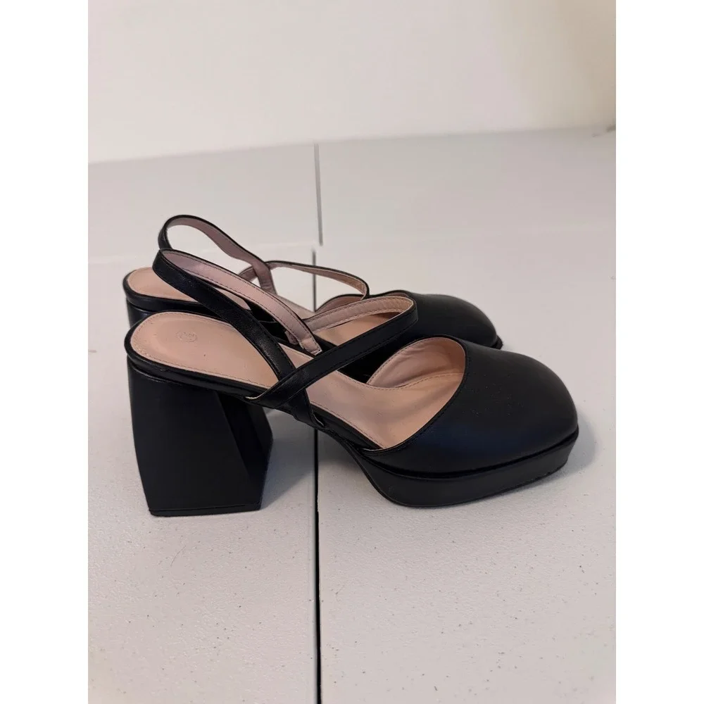 Black Square Toe Platform Mary Jane Slingback Block Heels Size 7.5 AA